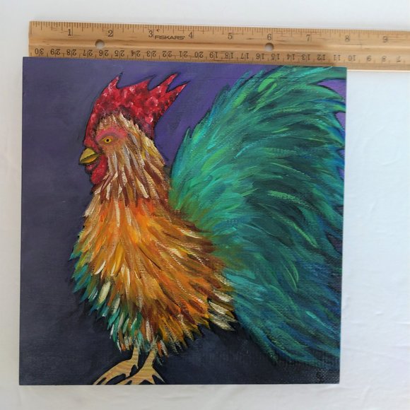Handmade Painting Of A Rooster On 8x8 Wooden Square Canvas Hand Painted Chicken - Picture 6 of 16
